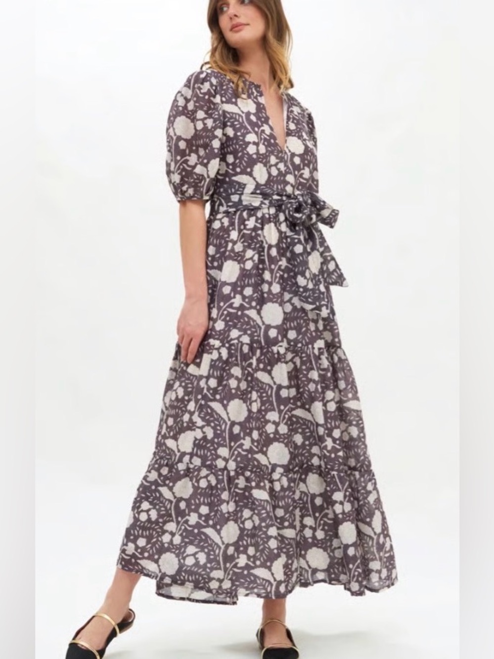 Oliphant Puff Sleeve Tiered Floral Maxi Dress Mulberry Slate Size M